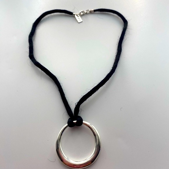 liz & co. Jewelry - Liz & Co. Silver Tone Circle Pendant Choker Necklace with fabric cord